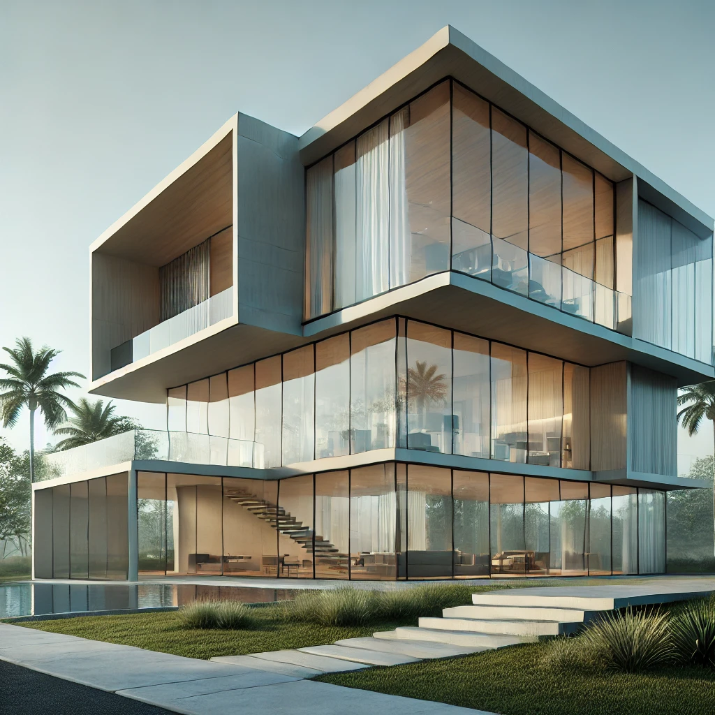 Modern glass house with palm trees.