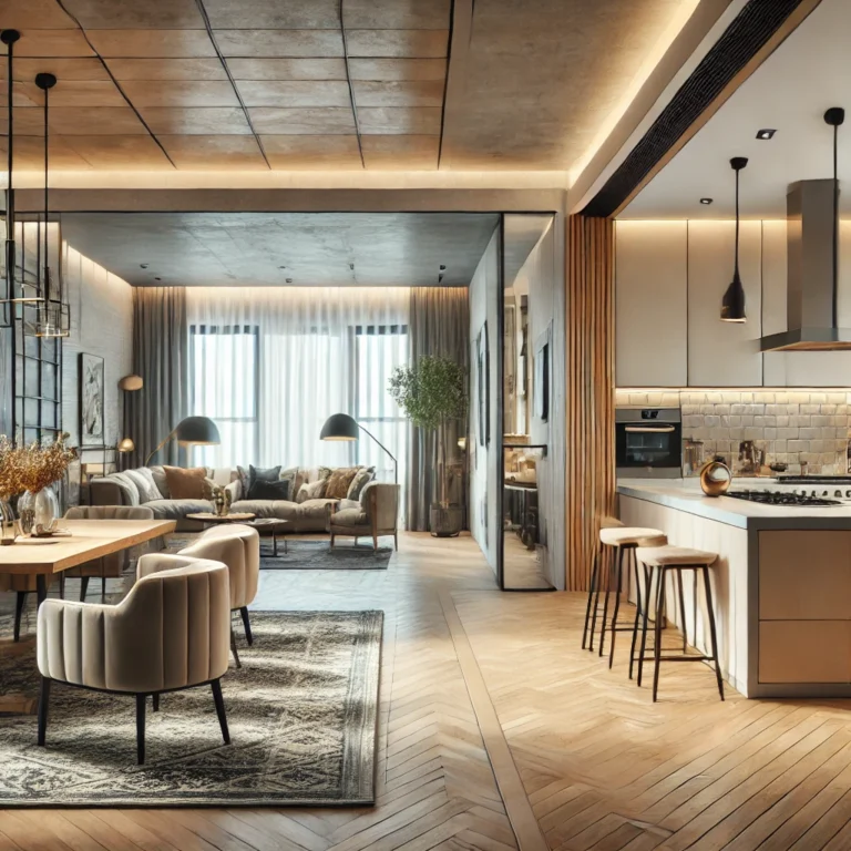 Modern open-concept living room and kitchen design.