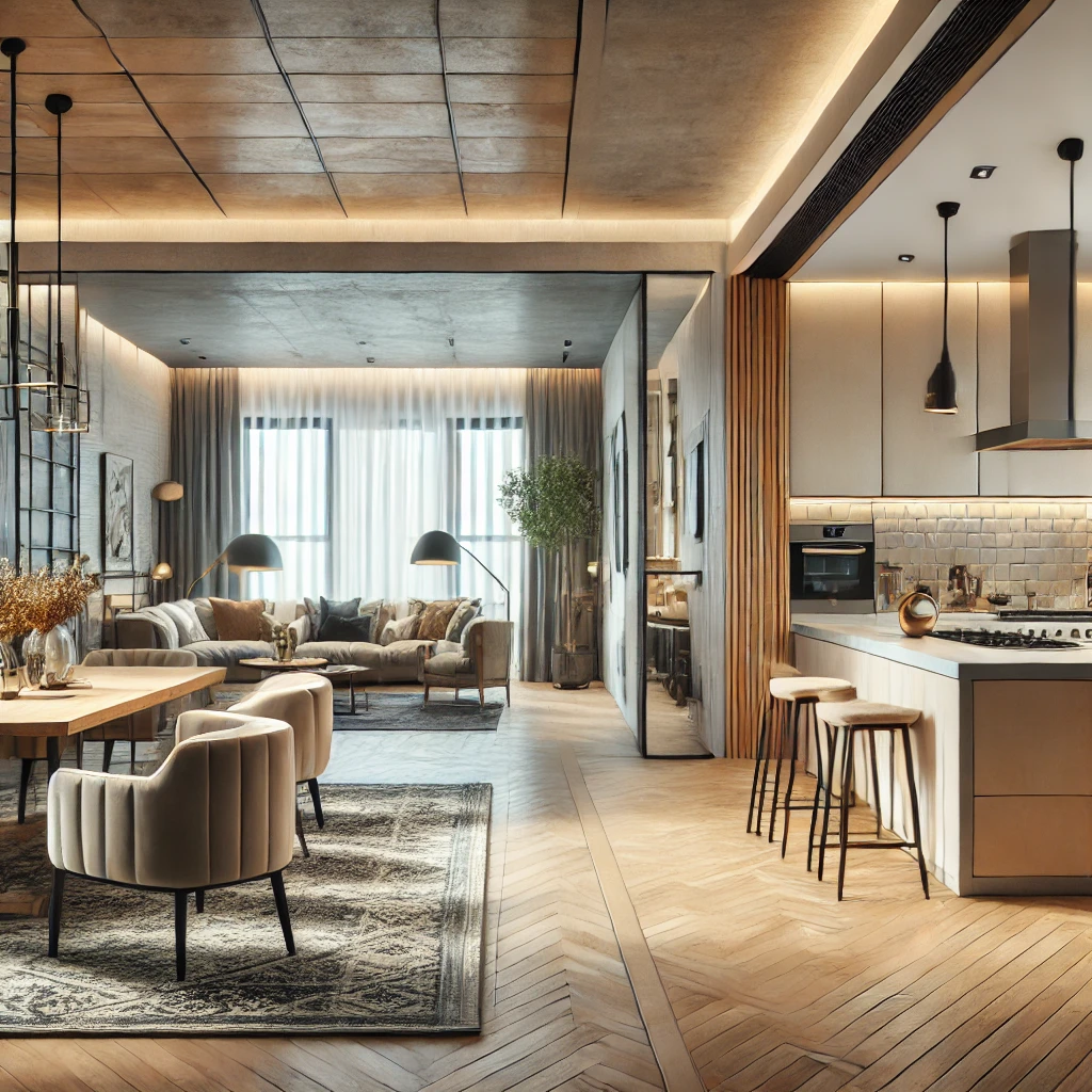 Modern open-concept living room and kitchen design.