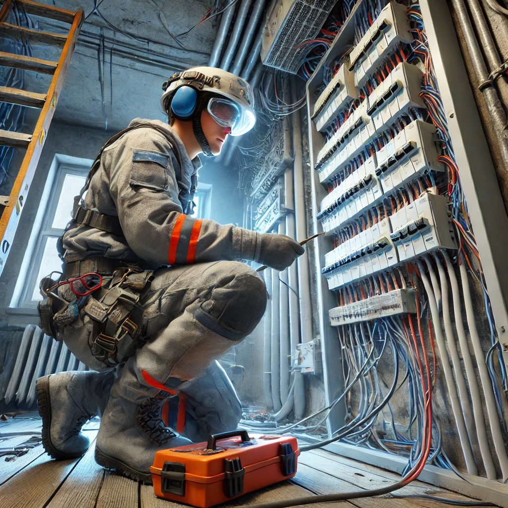 Electrician working on circuit breaker panel.
