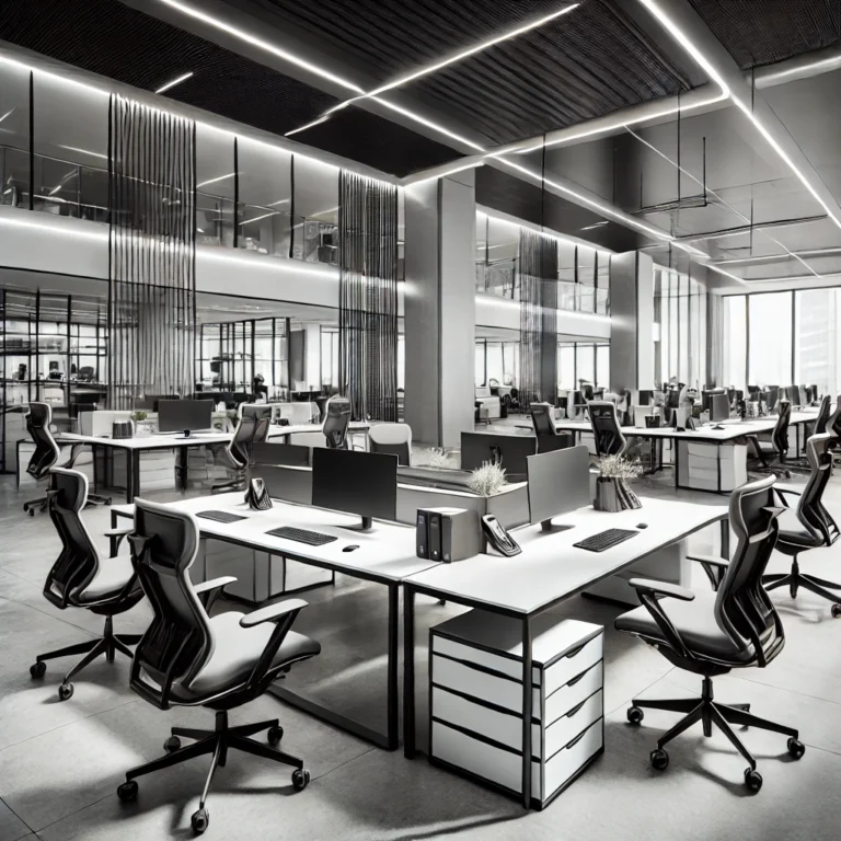 Modern open-plan office with desks and chairs.