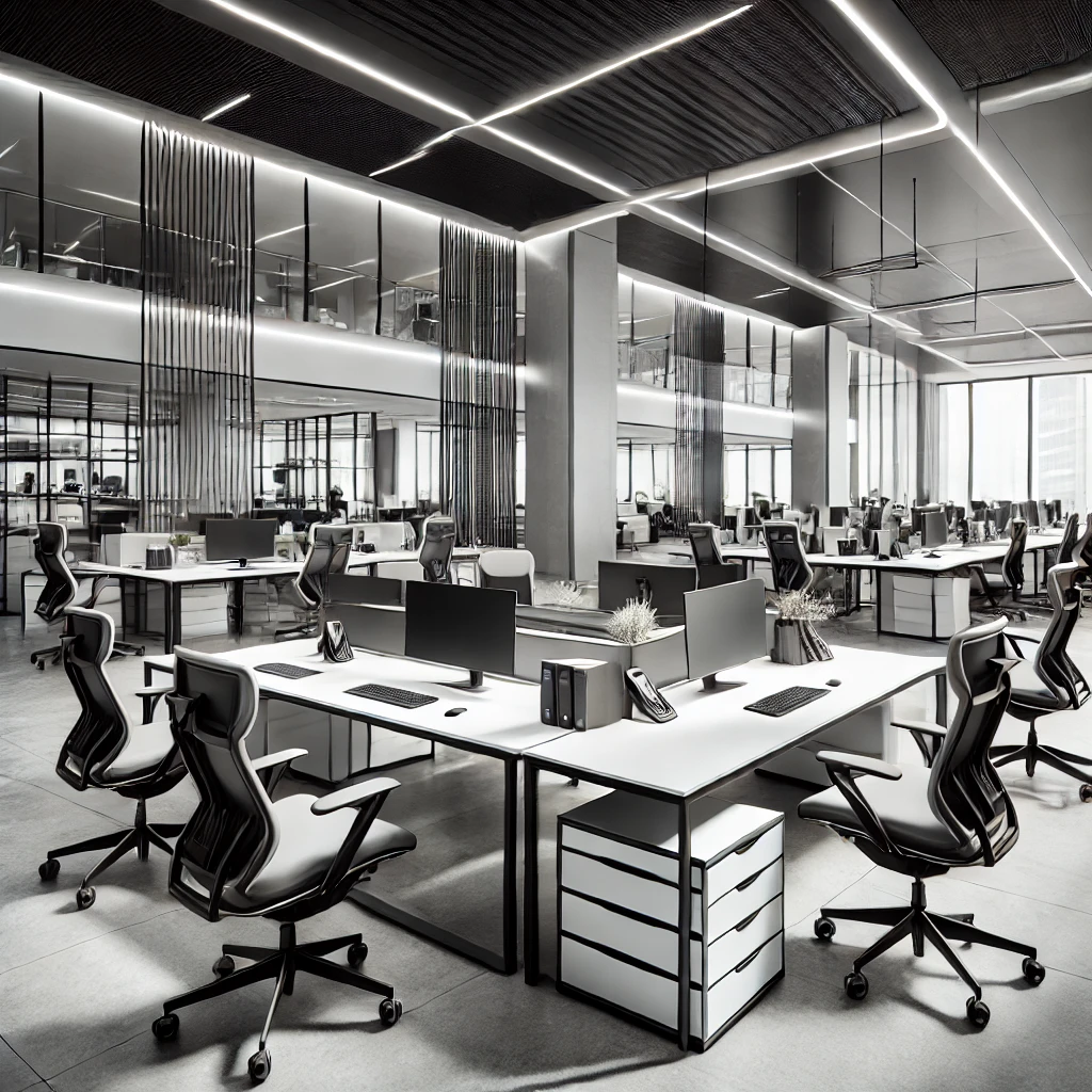Modern open-plan office with desks and chairs.