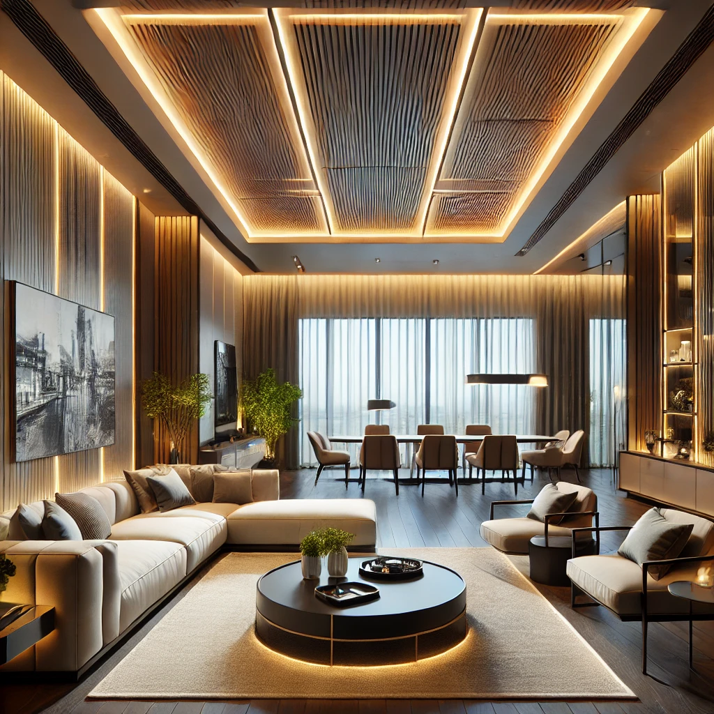 Modern living room with elegant lighting and furniture.