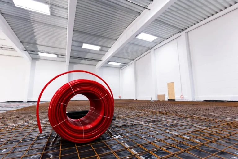 Coiled red pipe in modern unfinished warehouse interior.