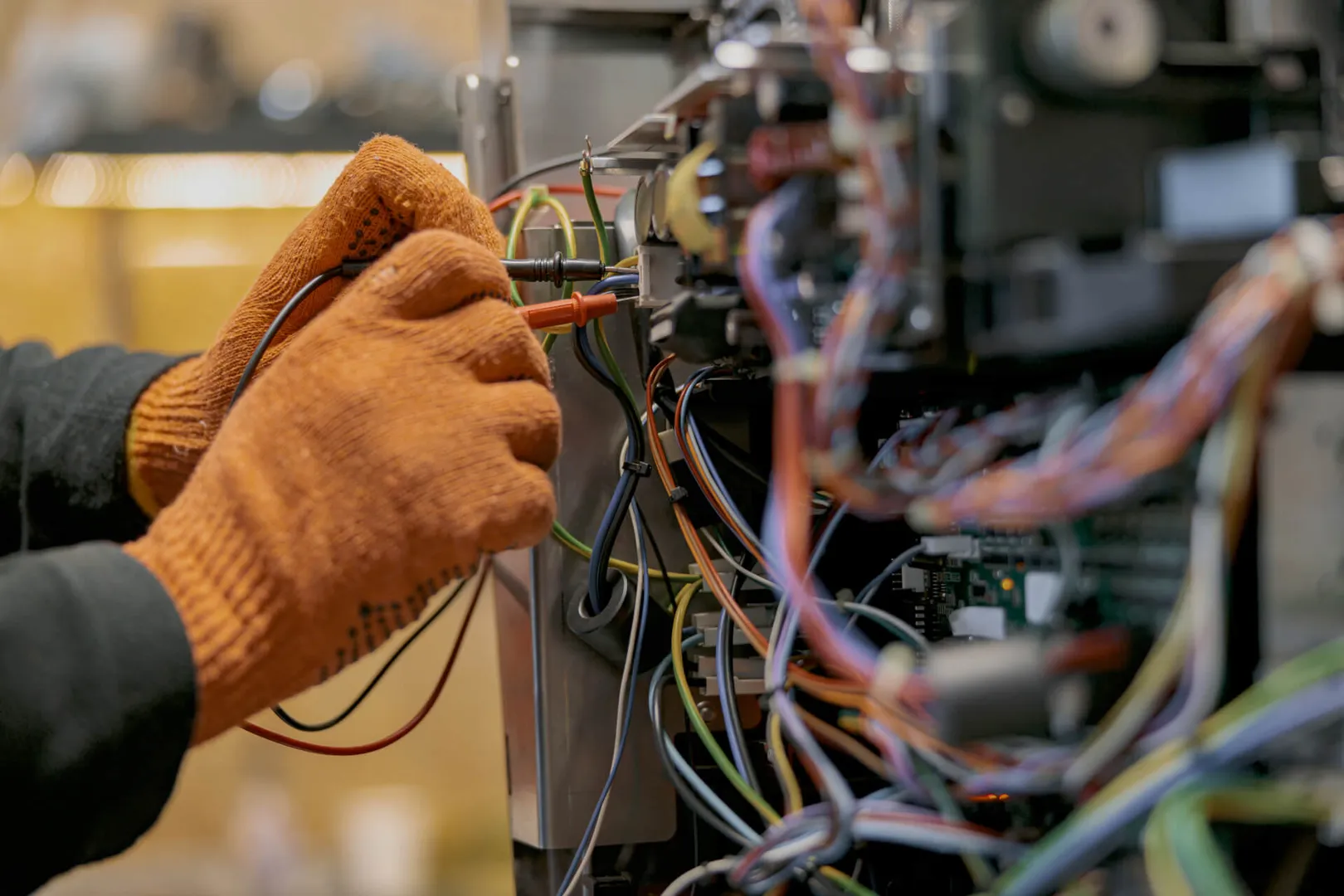 Technician working on complex electrical wiring.